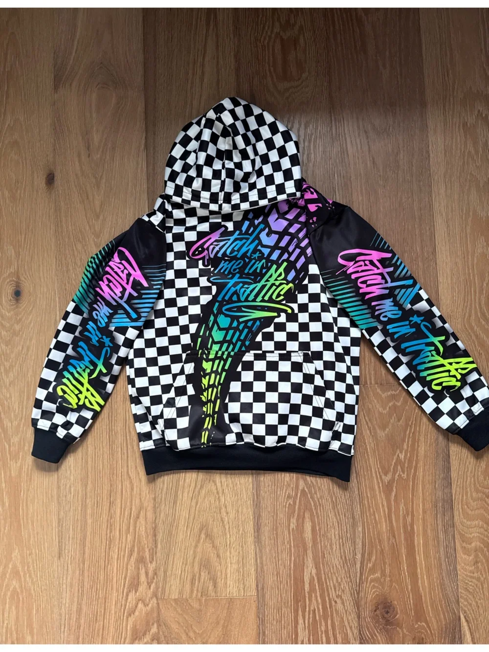 Checkerboard Hooded Sweatshirt with Neon Script CMIT Bike Catch Me in Traffic